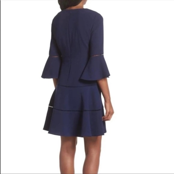Eliza J 3/4 Bell Sleeve Fit & Flare Navy Dress w/Laddered Insets - Picture 2 of 13